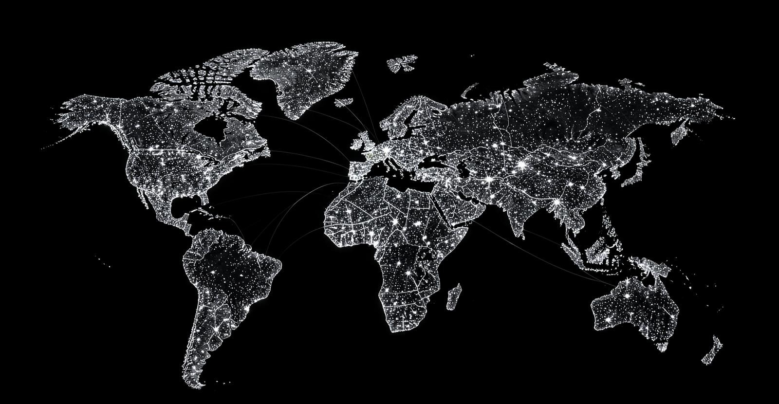Mapa-múndi iluminado à noite com conexões entre continentes