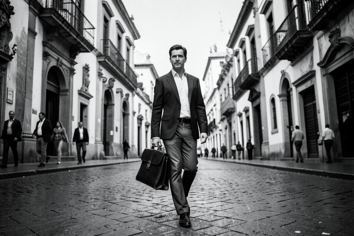 Líder caminhando por rua histórica de cidade latino-americana